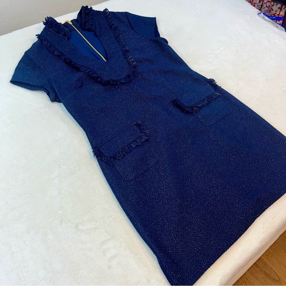 Sail to Sable Navy Blue Gold Metallic Tweed Fringe Tunic Shift Dress Size 10 - Picture 5 of 14